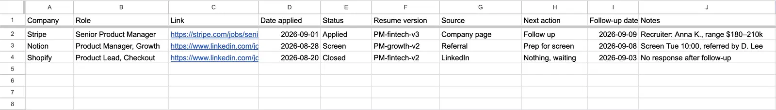 A Google Sheets job application tracker with the ten header columns and three example applications filled in